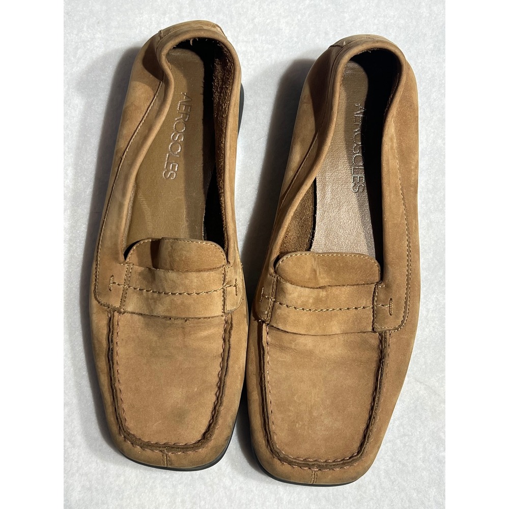Aerosoles Tan Suede Leather Penny Loafers Square Toe Low Heel Shoes Womens 6.5M